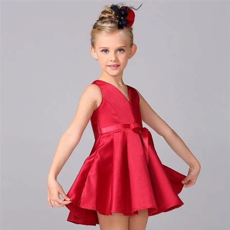 fashion red satin flower girl dress princess tutu party dresses  girls christmas style