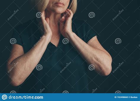 Throat Sore Concept Woman Holding Her Hands Around Her