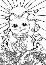 Coloring Japan Neko Maneki Japon Wave Cute Pages Japanese Sun Great Rising Cat Cherry Tattoo Color Adult Blossom Symbols Flag sketch template