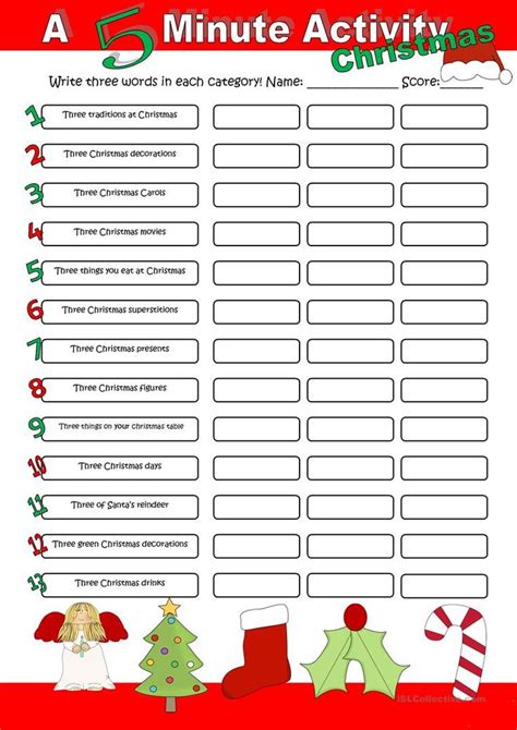 minute activity christmas worksheet  esl printable worksheets