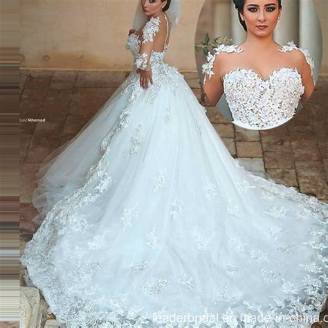 China Sheer Long Sleeves Bridal Ball Gown Tulle Lace Puffy Arabic