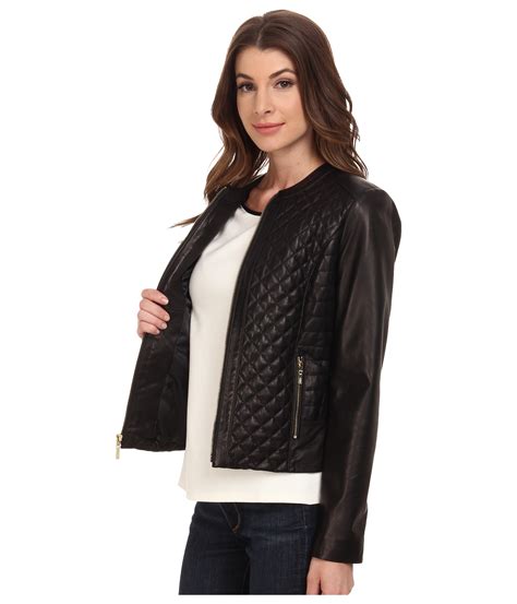 Cole Haan Collarless Moto Diamond Quilted Leather Jacket In Black Lyst