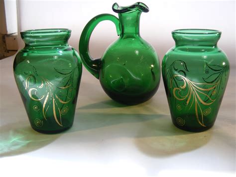 Vintage Emerald Green Hand Blown Cruet And Mini Bud Vase