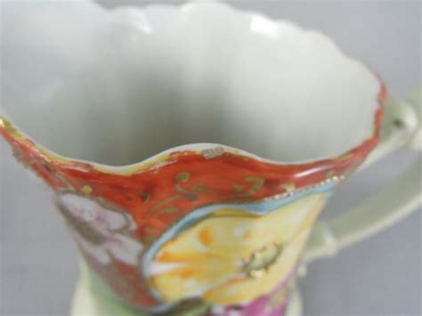Vintage Hand Painted Pitcher Floral Gold Trim Red Yellow