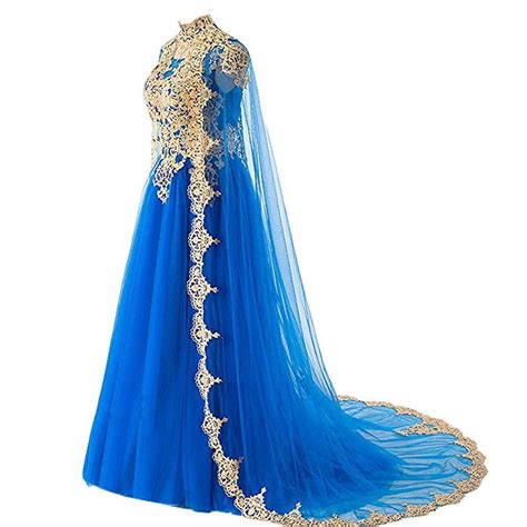 gold lace vintage long prom evening dresses wedding gowns  cape royal blue   dresses