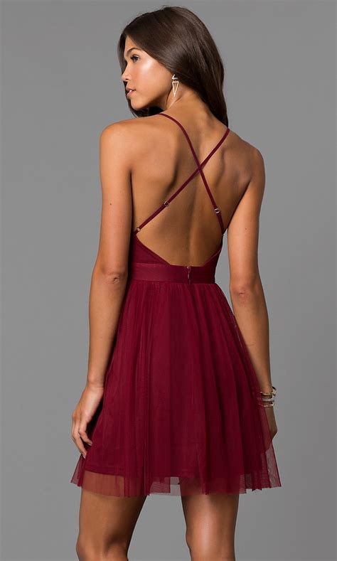deep v neck short party dress in wine red promgirl