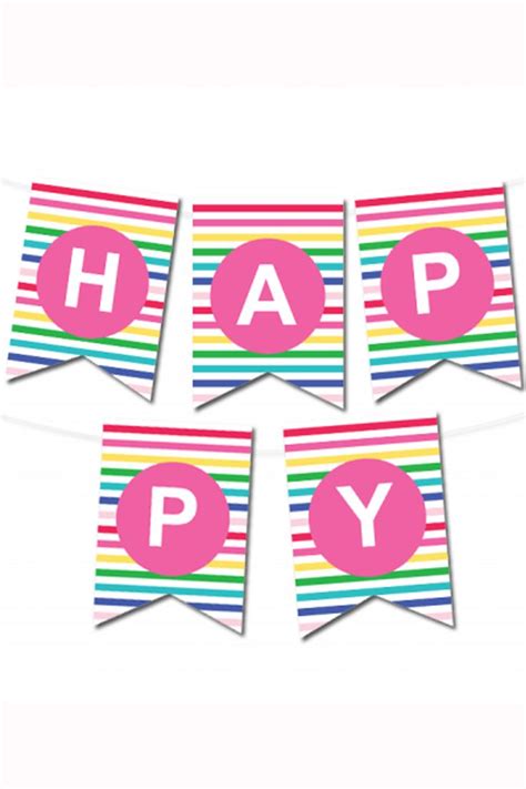 happy birthday banner  colorful stripes  pink letters