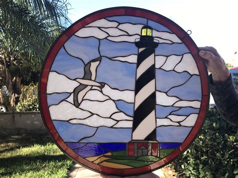 Lighthouse And Seagull Leaded Stained Glass Window Panel