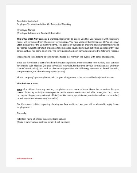 termination letter  cheating  company writelettercom