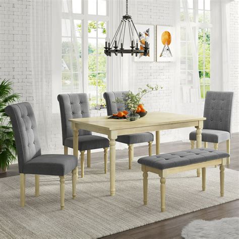 piece dining table set  tufted bench wood rectangular table