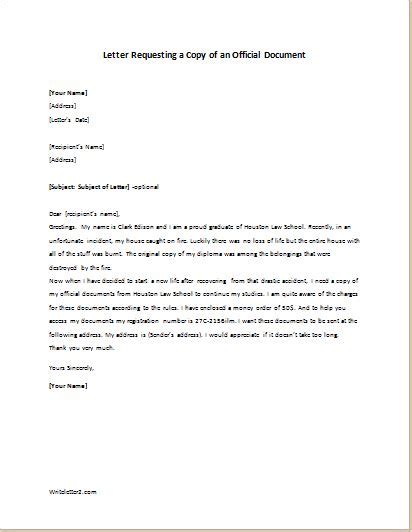 letter requesting  copy   official document writelettercom