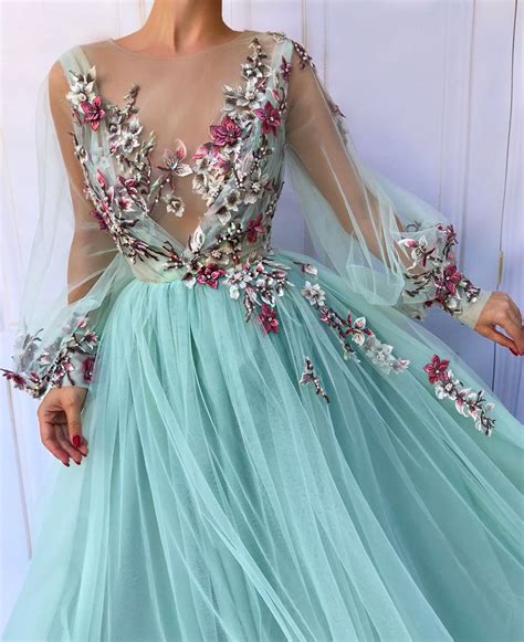 blue tulle floral embroidered puff sleeve prom dress tulle evening