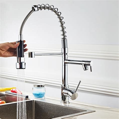 zimtown copper double handle pull  sprayer spring kitchen faucet