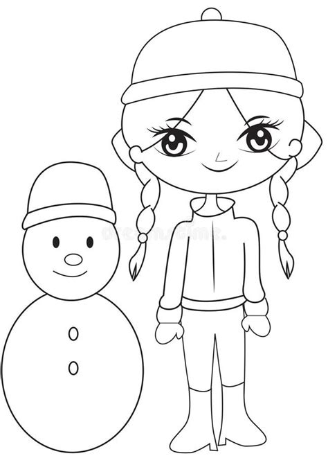 coloring page outline  cartoon girl winter coloring book stock