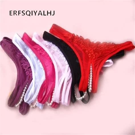 Women Thong With Beads Lace Panties With Open Crotch