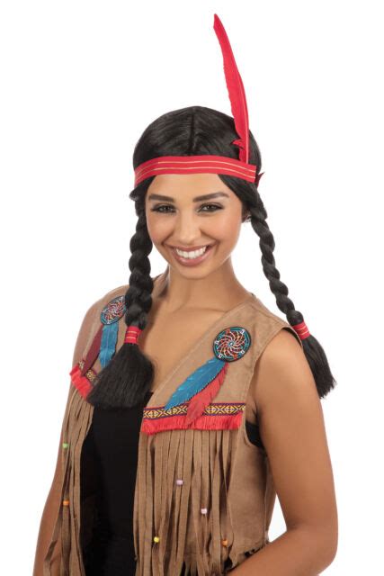indian squaw native american plaits plaited feather headband wig fancy