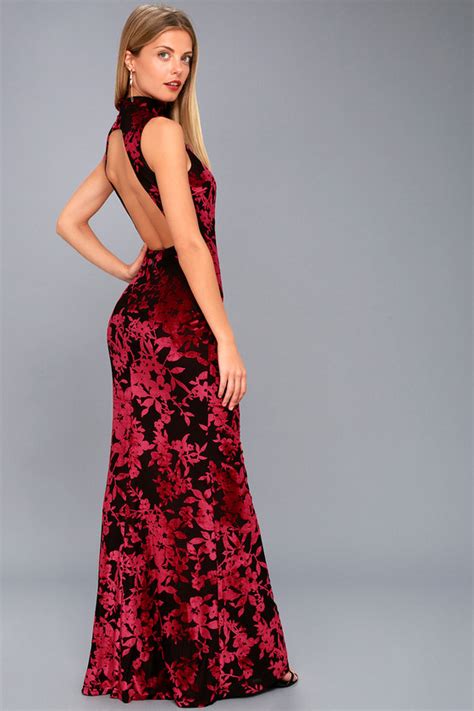 Sexy Black And Red Velvet Dress Floral Print Maxi Dress Lulus