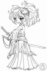 Yampuff Lineart Musashi Miyamoto Colouring Kawaii Chibis Femme Warrior Infantis sketch template