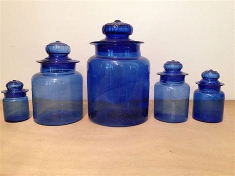 Vintage Cobalt Blue Glass Canister Set 5 Pieces W Lids Mint Glass