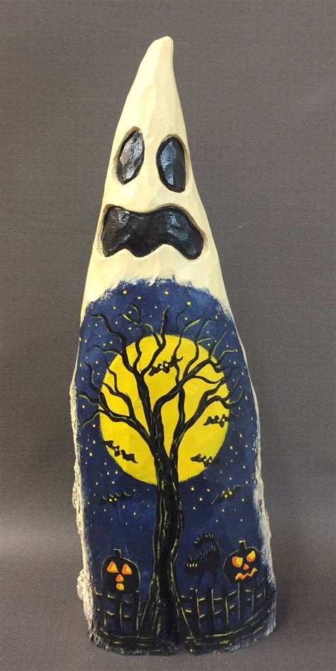 hand carved original large halloween ghost  painted scene etsy