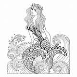 Sirene Mermaid Poisson Fantastique Fantastic Meerjungfrau Couronne Vagues Mandalas Vague Tete Sirena Sirenas Concernant Vector Goldfish Wreath Zentangle Depositphotos Erwachsene sketch template