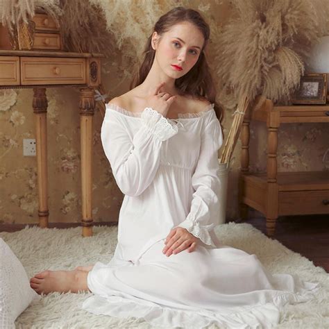 sexy slash lace up sleep wear night dress vintage nightgown long sleeve