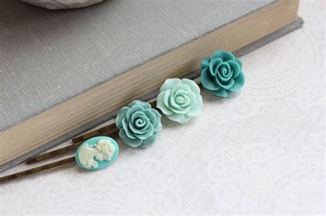 teal rose bobby pins mint flowers for hair floral hair etsy
