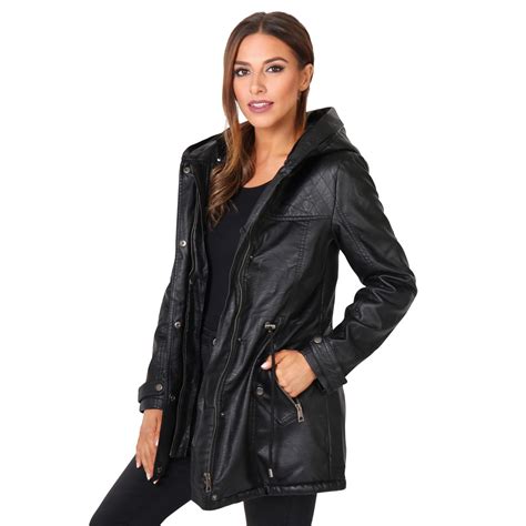 womens ladies warm faux fur lined leather hooded long winter parka