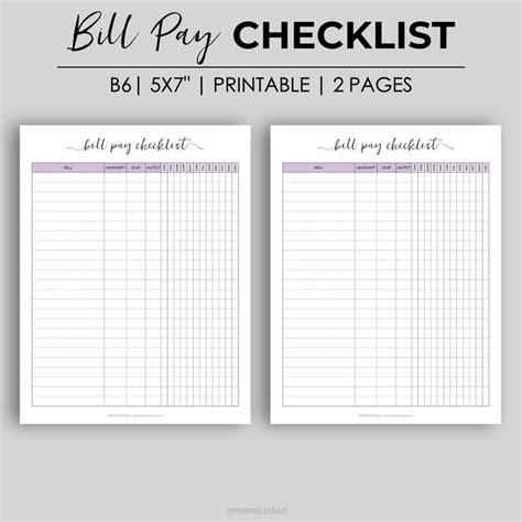 bill pay checklist printable bill tracker money management etsy