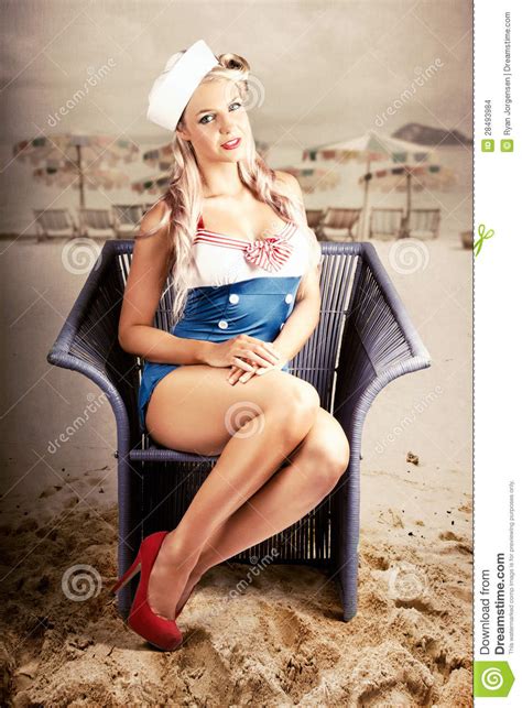 Retro Blond Beach Pinup Model With Elegant Look Stock