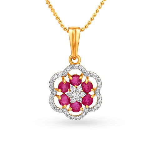 Buy Tanishq Diamond And Ruby Pendant Set In 18kt Yellow Gold With