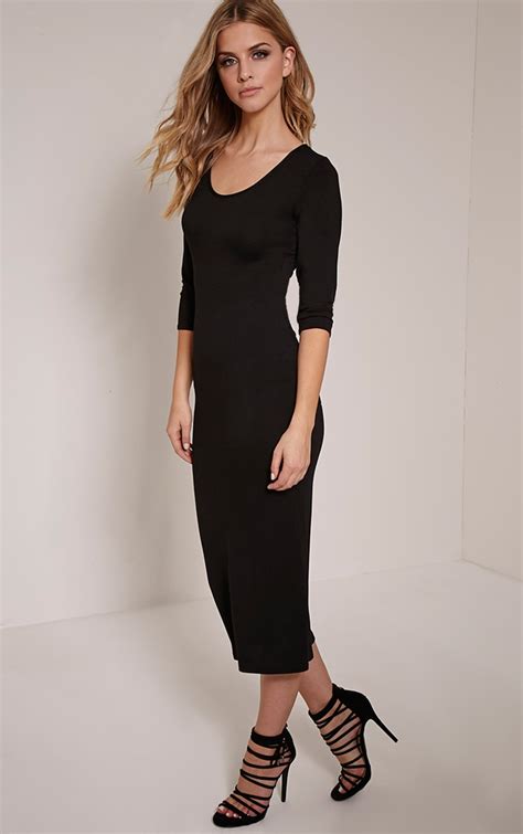 Basic Black 3 4 Sleeve Midi Dress Dresses Prettylittlething