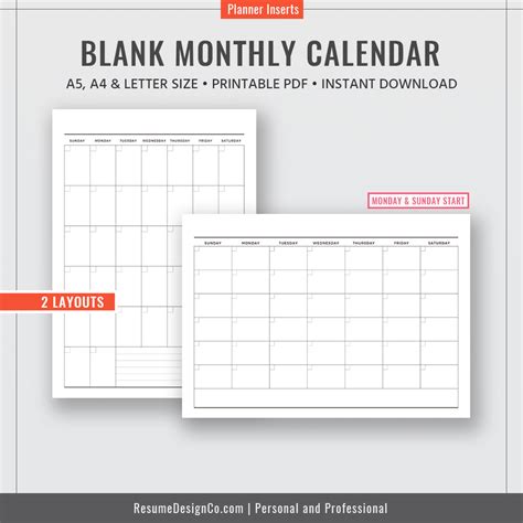 blank monthly calendar monthly planner   letter size filofax