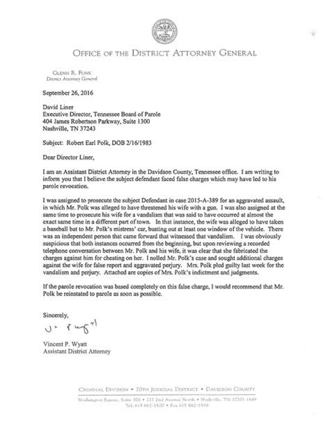 tennessee assistant district attorney letter  parole board