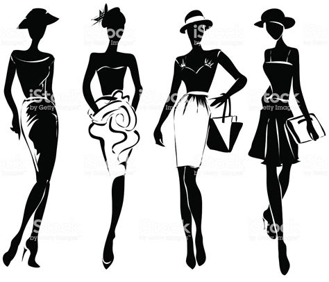 black and white retro fashion models in sketch style stock illustration download image now