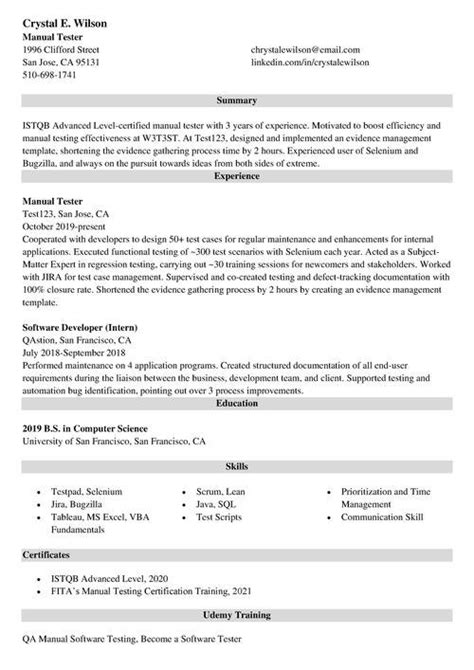 manual tester resume sample junior  years  experience
