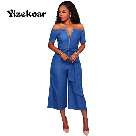 Yizekoar Women Blue Denim Off Shoulder Wide Leg Jumpsuits Fashion Slash