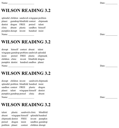 wilson reading  bingo cards wordmint