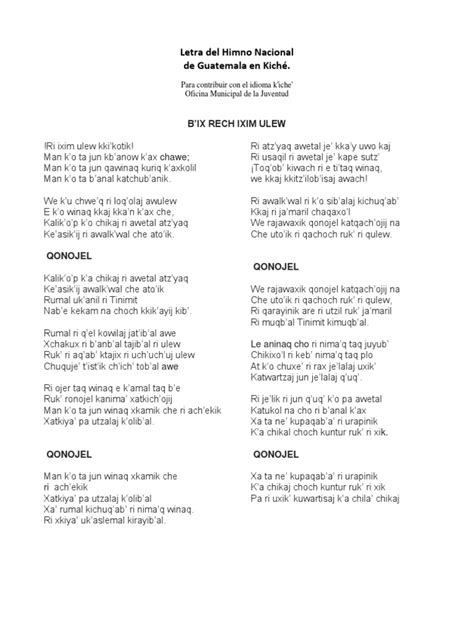 Letra Del Himno Nacional De Guatemala En Kiché