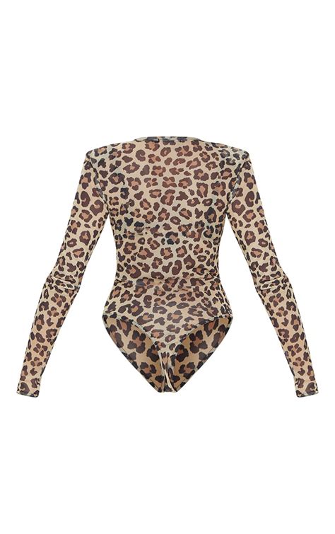Tan Leopard Print Mesh Shoulder Pad Bodysuit Prettylittlething Usa