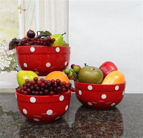 Set Of 3 Polka Dots Red Ceramic Mixing Bowls 82169mix By Ack Mixing
