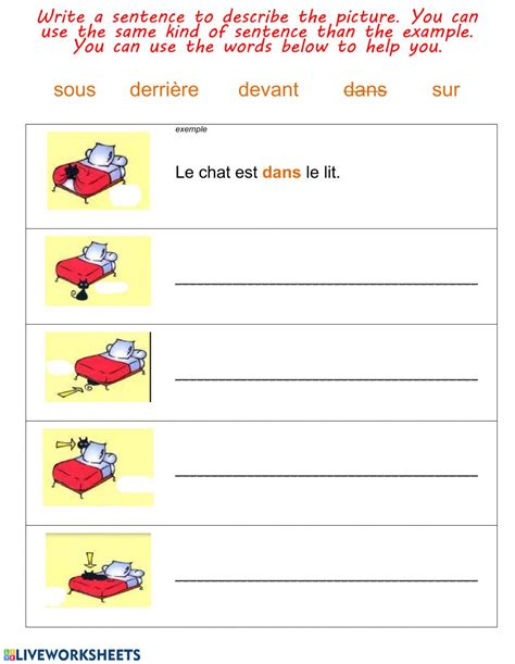 preposition prepositions french ecrire worksheet