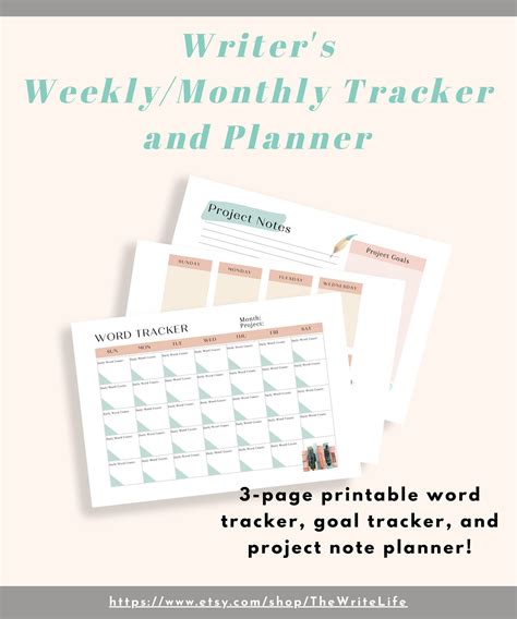 Writers Word Count Tracker Planner Weekly Monthly Pdf Printable