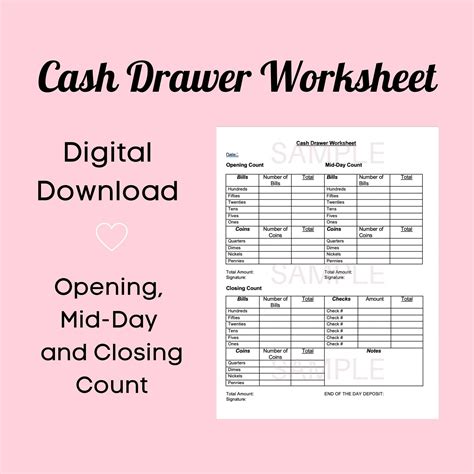 cash drawer worksheetdrawer count  business etsy