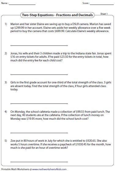 equation word problems worksheets