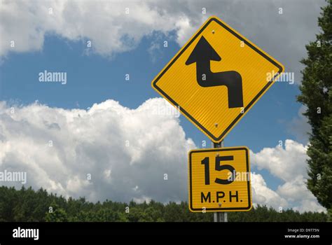 mph speed limit  sharp curve sign usa stock photo alamy