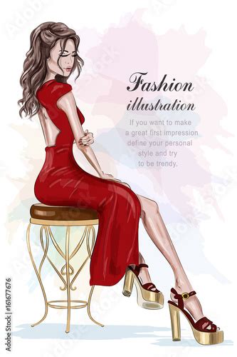 Beautiful Fashion Woman In Red Dress Sitting On Vintage Chair Sketch