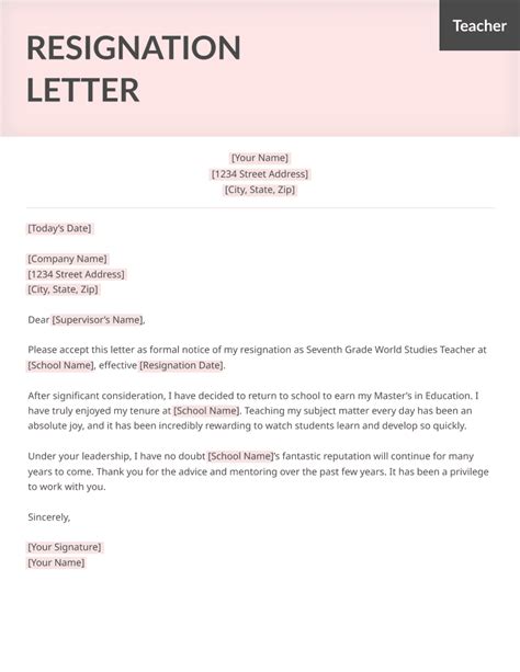 resignation letter teacher samples collection letter template collection