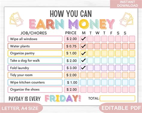 earn money chore chart editable allowance chore chart etsy