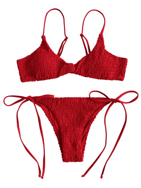 Twist Smocked Side Tie Bikini Set Red Wine S Bikinis Tie Bikini Hot